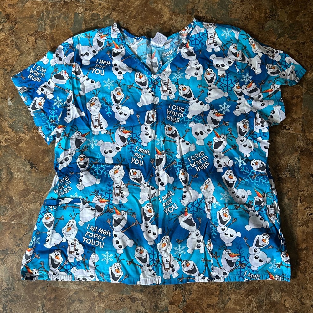 Disney Frozen Olaf Scrub Top Womens Size 2X Blue Short Sleeve Work Shirt